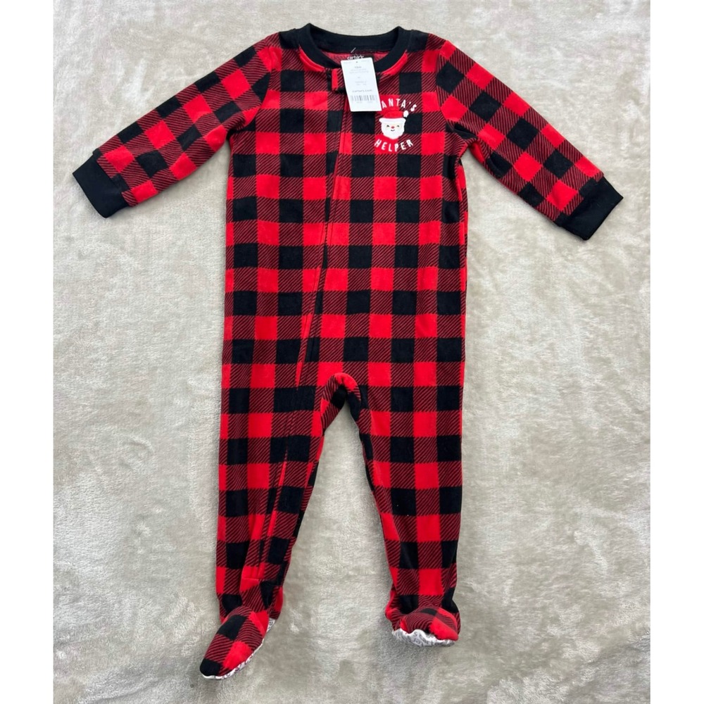 Carters Baby 18M Red Black Buffalo Plaid Santa Helper Fleece Footed Pajamas NWT